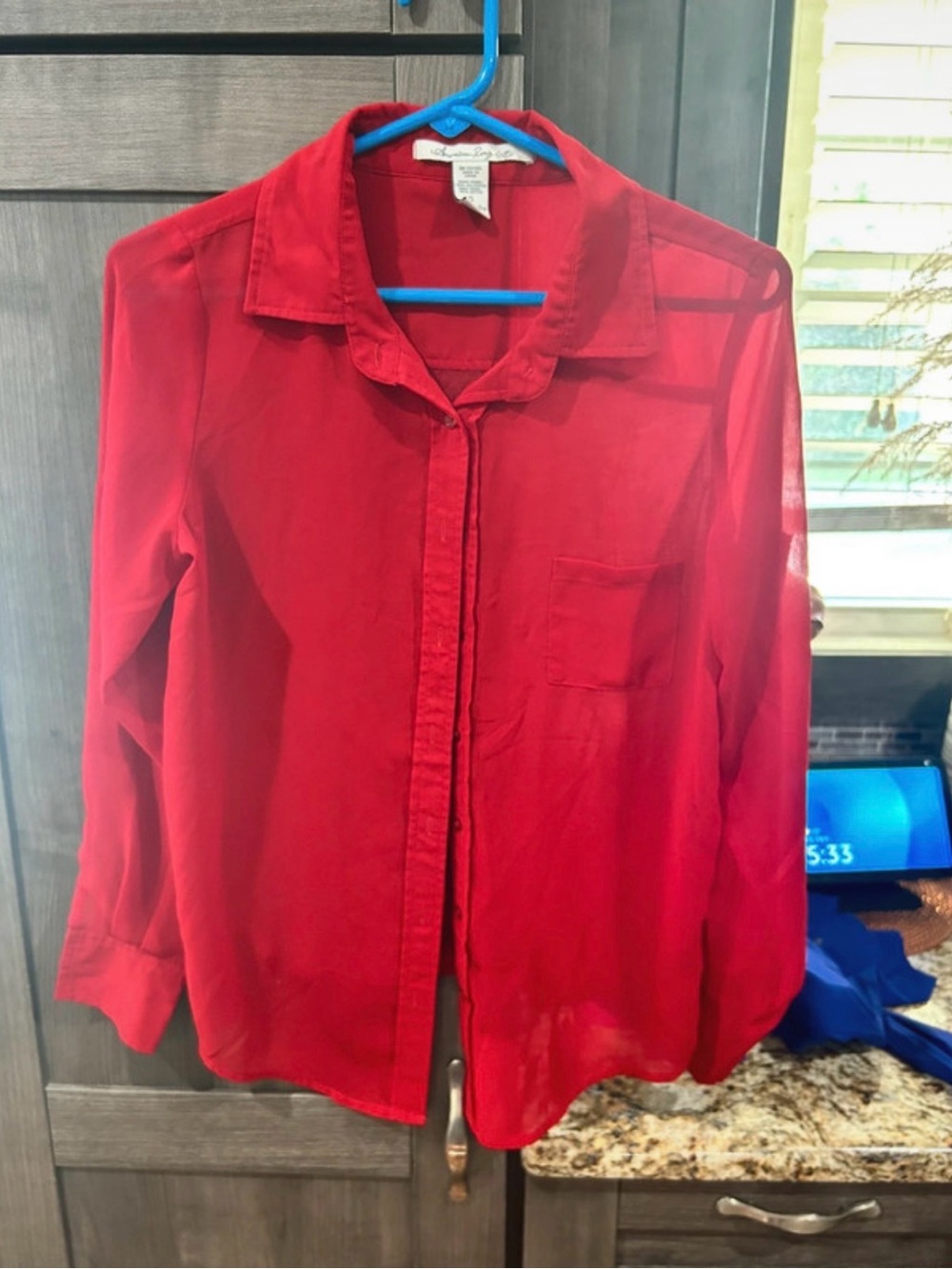 American Rag Red Semi-Sheer Button-Down Blouse